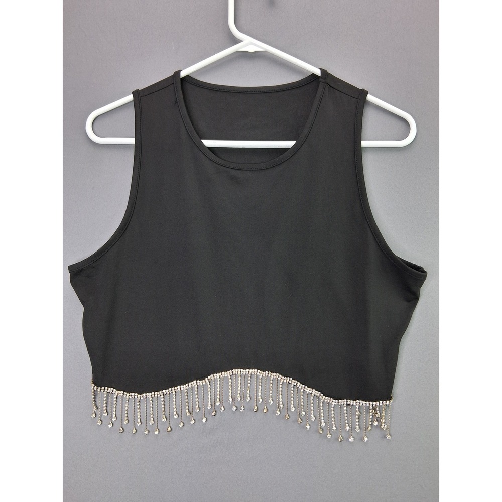 SHEIN Crop Tank Top Rhinestone Fringe Hem XL 12 Black Sleeveless Crew Neck Party